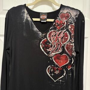Harley-Davidson Black Long-Sleeve V-Neck Top with Red Heart Embellishments Y2K